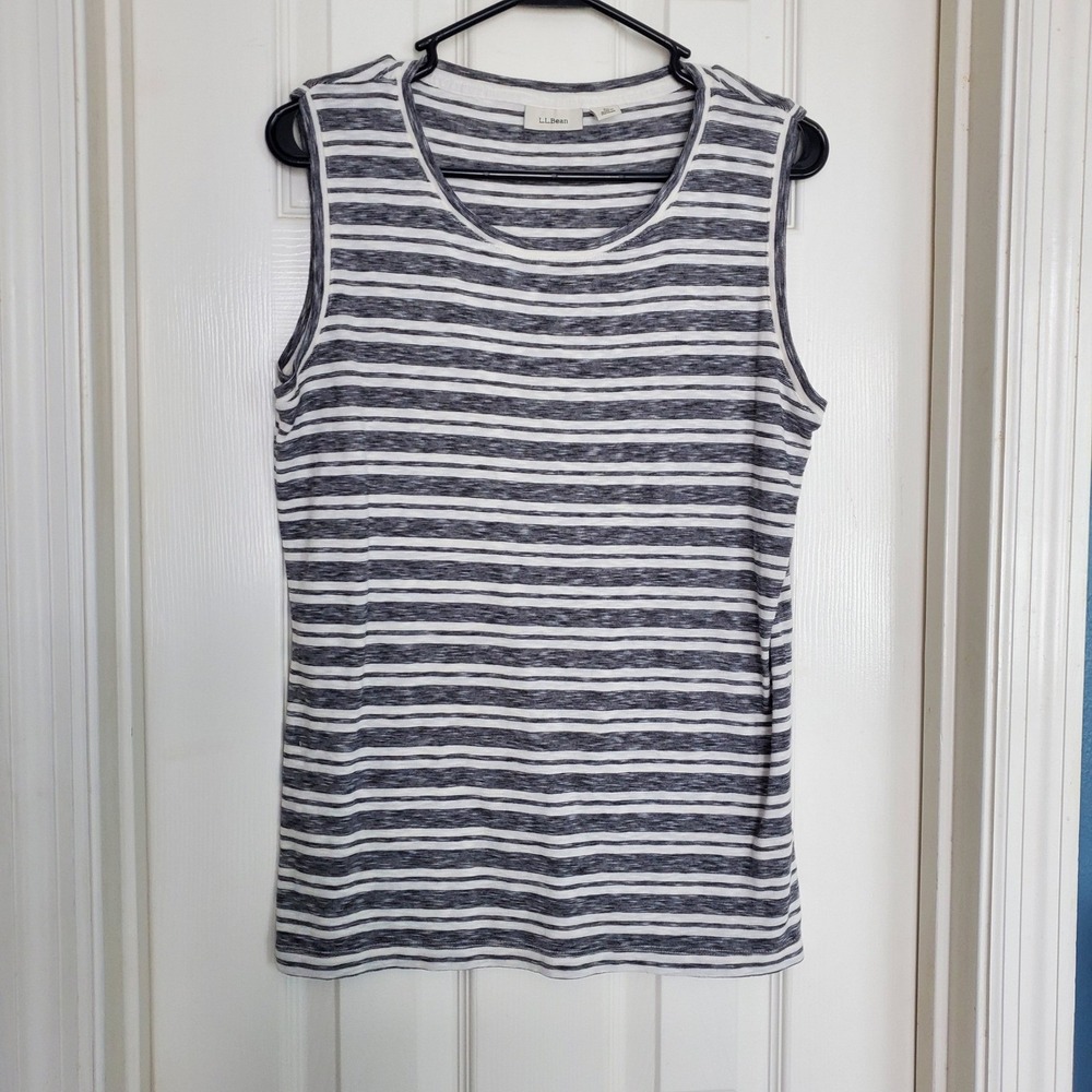 L.L.Bean Tank Top Gray White Striped Cotton Blend Caual Outdoors Lightweight Lg